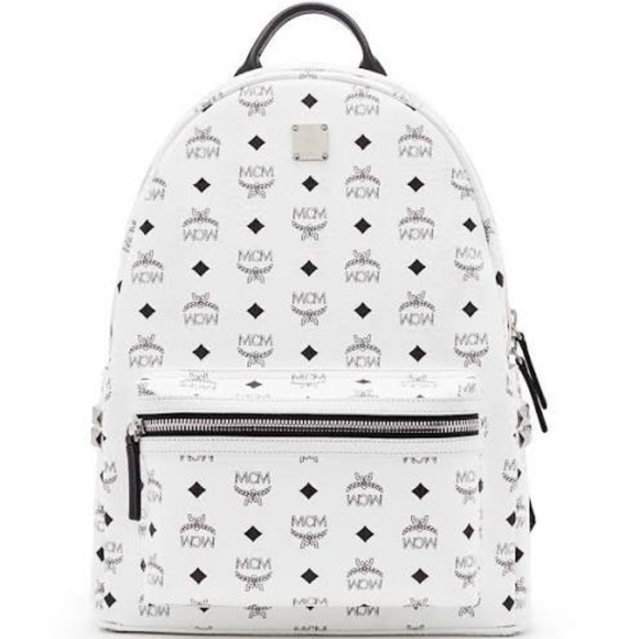 white and black mcm backpack